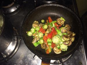 organic okra and Asian eggplant stir fry !  at Chile Rojo in Puerto Viejo De Talamanca