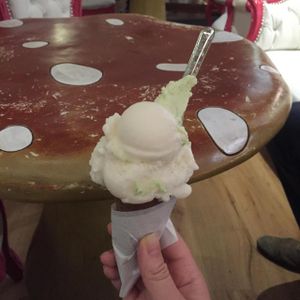 Vegan Augustiner Bier ice cream with a sample of the vegan basil and mozzarella ice cream added on top  at Der Verrueckte Eismacher in Munich