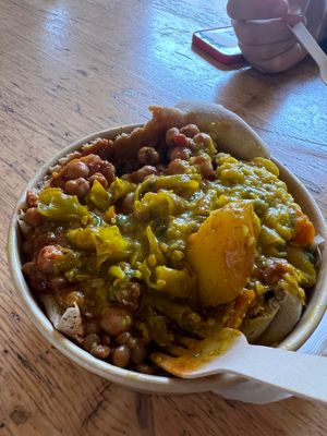 Mixed bowl with bread at the bottom at Red Tent Ethiopia in South East London