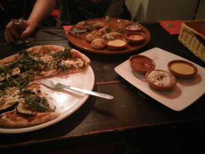 Pizza and tempura which is called pakora on the menu, both very good.  at BalBar in Warsaw