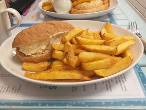 Cheese savoury sandwich with side order of chips. at Blondes in Cottingham