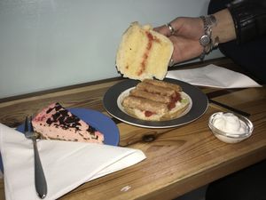 Rhubarb slice & vegan sausage sandwich 😋   at Blondes in Cottingham