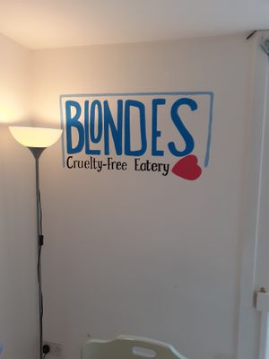  Blondes Cruelty Free Eatery sign upstairs in Cottingham 100% fully vegan cafe at Blondes in Cottingham