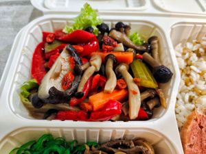 Dishes for QQ vegan bento at QQ Rice - Hillion Mall in West Singapore