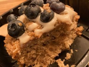 Vegan banana cake with caramel drizzle and blueberries  at The Mad Batter in Cape May