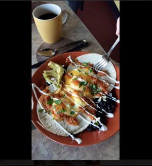 Huevos Rancheros (vegan version available). at The Pearl Cafe in Chehalis