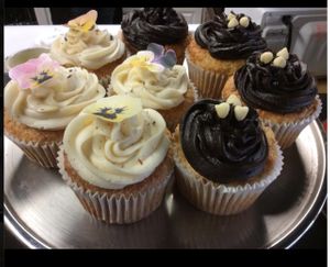 Vegan Vanilla-Lavender Cupcakes and Vanilla Cupcakes with Chocolate Cream Cheese Frosting. at The Pearl Cafe in Chehalis