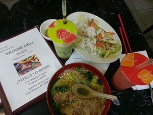 Avocado slush, mushrooms and seitan, spicy "duck" soup, watermelon slush at Veggie Delight in Las Vegas