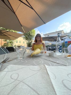 Large outdoor terrace - extra tables in for busy Saturday night   at Felice Ristorante Pizzeria in Lucca