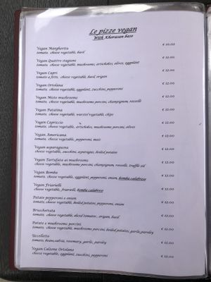 Vegan menu at Felice Ristorante Pizzeria in Lucca