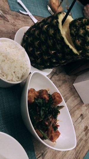 Vegan Asian tofu dish, rice and fresh juice   at The Farm in Dubai