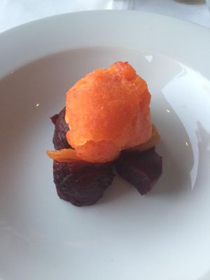 Red pepper sorbet on beets and apricots. at Sammy's by Culinary Forward in San Pawl Il-bahar