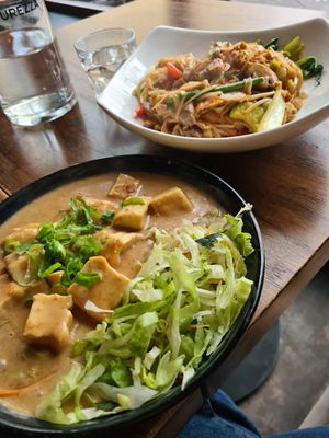 Tofu Sate and fried rice noodles with veggies, seitan and tofu at Soy in Berlin