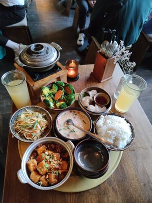 Menu for 2 people and sparkling apple juice at Soy in Berlin