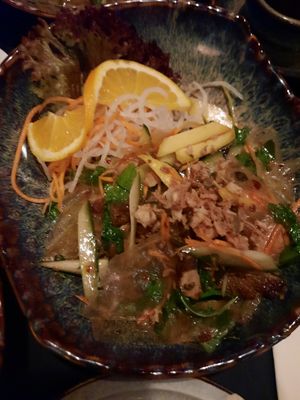 Spicy cucumber, rice paper, tofu, mango tapas at Soy in Berlin