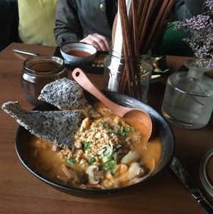 coconut, peanut, mushroom soup at Soy in Berlin