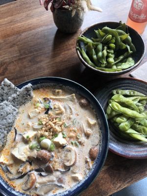 Edamame and a noodle soup   at Soy in Berlin