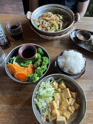 Tofu satay, steamed vegetables, rice   at Soy in Berlin