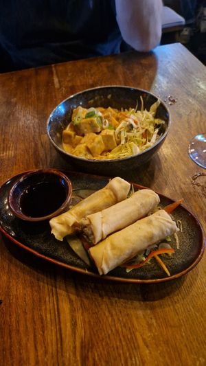 Starters- soring rolls and satay tofu at Soy in Berlin