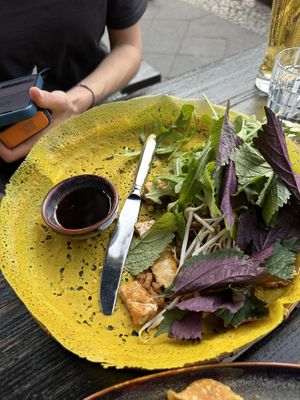 Vietnamese pancake. The yellow part underneath is tasty  at Soy in Berlin