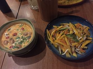 Soup and mango salad  at Soy in Berlin