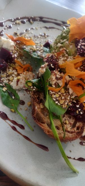 Smashed avo - with dukkah, crispy sweet potato, beetroot and yay! Vegan feta at Livefast Cafe in Halls Gap