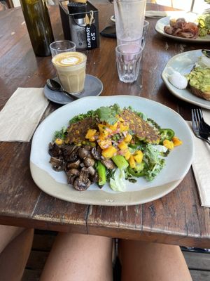 Corn fritters with extra mushrooms  at Livefast Cafe in Halls Gap