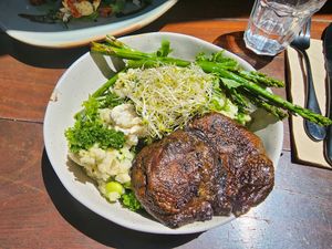 Green bowl with mushroom at Livefast Cafe in Halls Gap