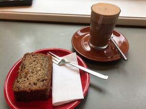 Banana bread and soy mocha at Bell and Beans in Lueneburg