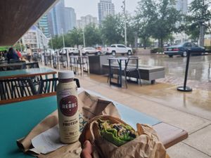 Burrito and a protein shake at Whole Foods Market in Houston