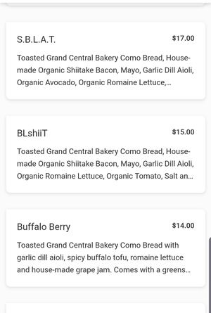 Menu at Fru Fru Terra in Portland