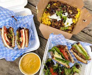 Caprese sandwich, Muenster Mac and cheese and Bllsht sandwich  at Fru Fru Terra in Portland