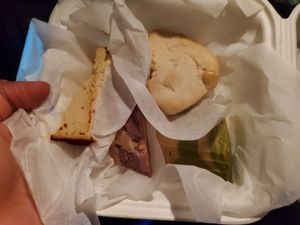 1 oz each of the(top left) muenster, (top right) brie, (bottom right) pesto cheddar, and (bottom left) port wine cheddar at Fru Fru Terra in Portland