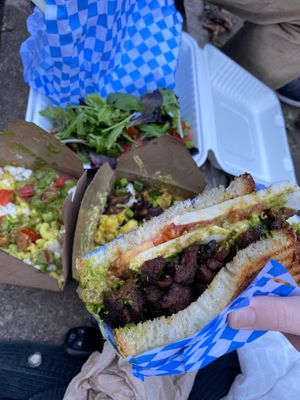 Caprese sandwich with soy curls, caprese mac, and whiskey business mac at Fru Fru Terra in Portland