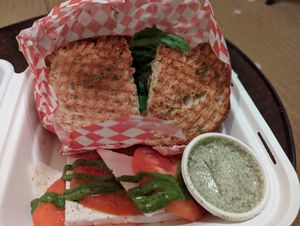 SBLAT sandwich with side caprese salad at Fru Fru Terra in Portland