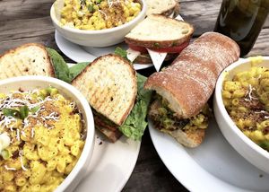 Buffalo Berry (left), Philly Cheesesteak (right), Caprese (back) sandwiches with CUP size of Mac & Cheese at Fru Fru Terra in Portland