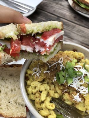 Caprese sandwich with cup of Mac & Cheese at Fru Fru Terra in Portland