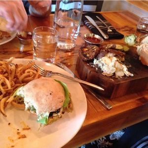 Vurger and smoked brisket seitan with potato salad with house made mayo at Crooked Ewe Brewery and Ale House in South Bend