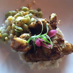 chicken foot mushrooms on southern grits at Crooked Ewe Brewery and Ale House in South Bend