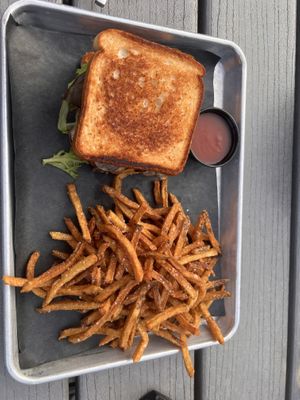 Mushroom Melt and fries   at Crooked Ewe Brewery and Ale House in South Bend