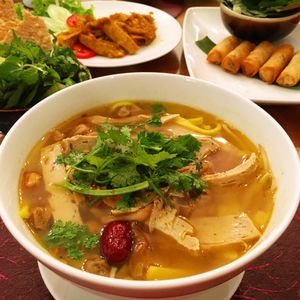 Mi Quang noodle soup w/ wheat gluten. Delish! at Bong Sung Vegetarian Food - District 1 in Ho Chi Minh City