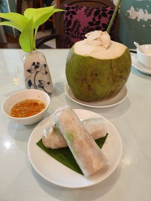 Rice roll and fresh coconut juice  at Bong Sung Vegetarian Food - District 1 in Ho Chi Minh City