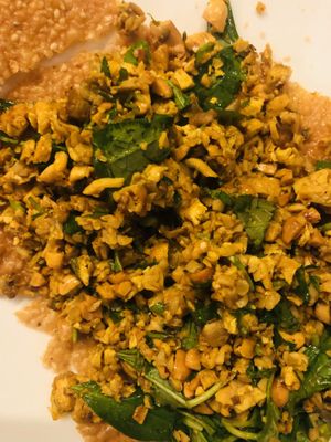 Mushroom, tofu, turmeric, saw tooth herb and crunchy sesame crisp....so good! at Bong Sung Vegetarian Food - District 1 in Ho Chi Minh City