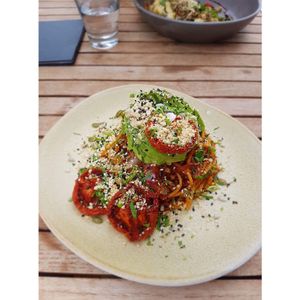 Vegan spaghetti dish with avocado. So pretty!  at Town Tonic in Christchurch