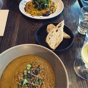 Pumpkin and marmite risotto (top) and carrot soup at Town Tonic in Christchurch