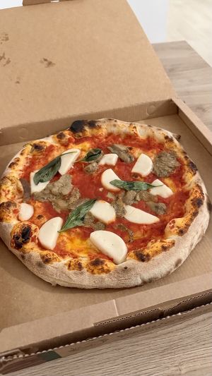 Vegan Margherisa with mushrooms added  at Pizzeria Prima O Poi  in Rimini