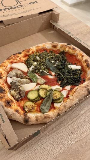 4 Stagione Vegana Pizza (Vegan 4 Seasons) It was like having 4 different pizzas - a quater for each flavour  at Pizzeria Prima O Poi  in Rimini