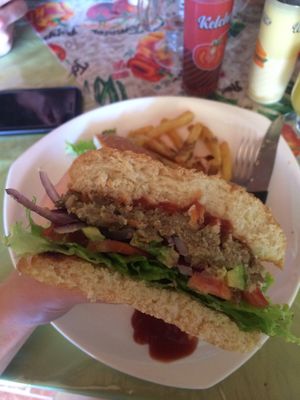 hamburger (lentil patty)  at Paz y Flora - Soda Passiflora in Monteverde