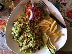 Arroz Jardinero w/ Salad. We added avocado.  at Paz y Flora - Soda Passiflora in Monteverde