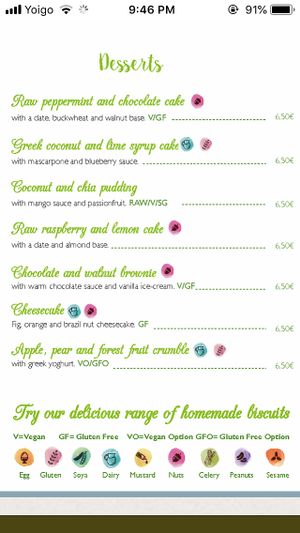 dessert menu at BodhiGreen Vegetariano in Alicante